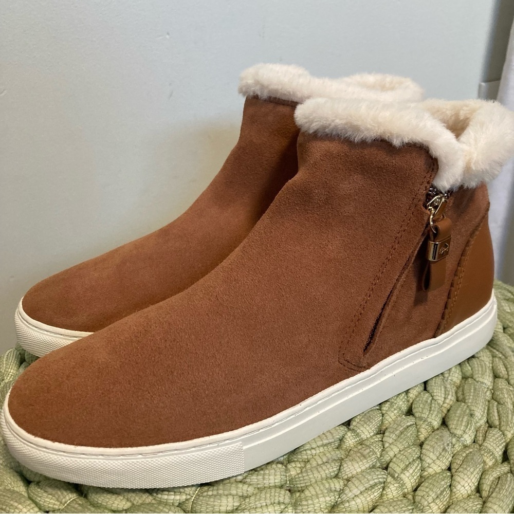 Kate Spade Harper Warm Gingerbread Brown Suede Fur High Top Winter Sneaker Boots